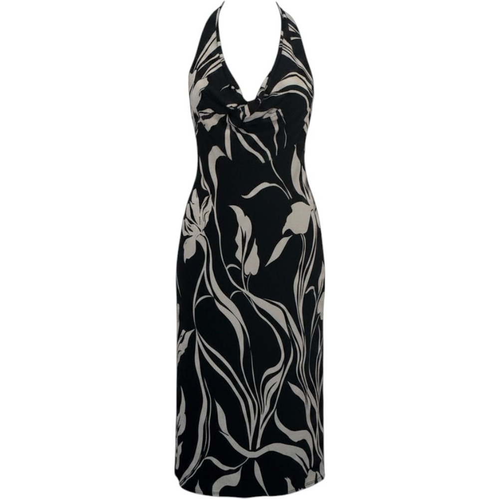 Georgiou Studio Black Abstract Botanical Cowl Neck Midi Dress Womens L Y2K Retro